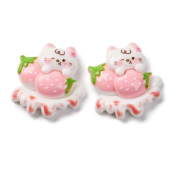 Cat Theme Opaque Resin Cabochons, Strawberry, 30x28x9.5mm