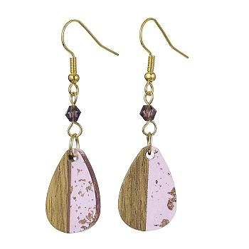 Transparent Resin & Walnut Wood Teardrop Pendant Dangle Earrings, with Imitation Austrian Crystal 5301 Bicone Beads and Iron Earring Hooks, Thistle, 54x14.5mm