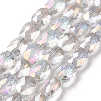 Faceted Electroplated Transparent Glass Beads Strands, AB Color Plated, Oval, Clear AB, 10.5x8x5mm, Hole: 1.5mm, about 58~60pcs/strand, 25.59 inch(65cm)