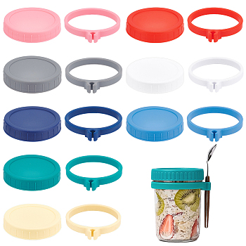 PP Plastic Canning Cover, with Silicone Mason Jar Spoon Holders, Mixed Color, Cover: 89x18mm, Inner Diameter: 84mm, 8pcs; Holders: 98x86x14mm, Hole: 8mm, Inner Diameter: 79mm, 8pcs.