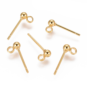 304 Stainless Steel Stud Earring Findings, with Loop, Ball, Real 18K Gold Plated, 15x4mm, Hole: 1.5~2mm, Pin: 0.7mm