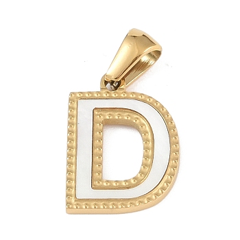 Natural White Shell Alphabet Pendants, Ion Plating(IP) Real 18K Gold Plated 304 Stainless Steel Charms, Letter D, 17x12.5x1.5mm, Hole: 5x3mm