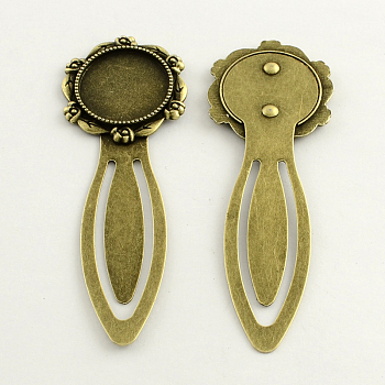 Iron Bookmark Cabochon Setting, with Alloy Flat Round Tray, Lead Free & Nickel Free & Cadmium Free, Antique Bronze, 79x28x3mm, Tray: 20mm