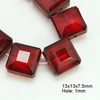 Electroplate Glass Beads, Pearl Luster Plated, Faceted, Square, Dark Red, 13x13x7.5mm, Hole: 1mm