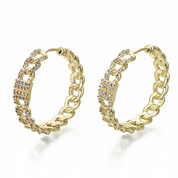 Brass Micro Pave Clear Cubic Zirconia Huggie Hoop Earrings, Nickel Free, Curb Chain Shape, Real 18K Gold Plated, 30x6mm, Pin: 1x1mm