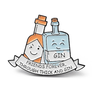 Bottle & Word Friends Forever Through Thick and Gin Enamel Pins, Electrophoresis Black Alloy Brooch for Backpack Clothes, Sandy Brown, 23x30.5x1.5mm