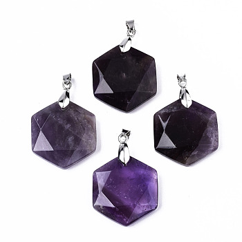 Natural Amethyst Pendants, with Platinum Tone Brass Pinch Bail, Faceted, Hexagon, 42.5x29.5x7.5~8.5mm, Hole: 3x5mm