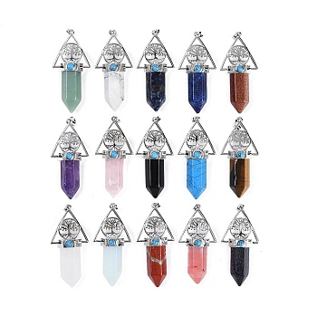 Natural & Synthetic Mixed Gemstone Faceted Pointed Bullet Big Pendants, Rack Plating Brass Tree of Life Triangle Charms, Platinum, Lead Free & Cadmium Free, Mixed Dyed and Undyed, 56~57x26.5~27x16.5~17mm, Hole: 6x4mm