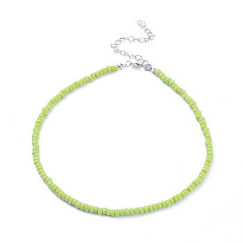 Glass Seed Beaded Necklaces, with Zinc Alloy Lobster Claw Clasps and Iron Twist Chains Extender, Lawn Green, 14.9 inch(38cm)