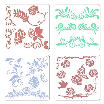 Gorgecraft 4Pcs 4 Style Plastic Drawing Painting Stencils Templates, Square, Flower Pattern, 30x30cm, 1pc/style