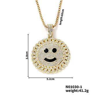 Sparkling Hip Hop Street Dance Alloy Crystal Rhinestone & Enamel Smile Face Pendant Necklaces, Golden, 23.62 inch(60cm)