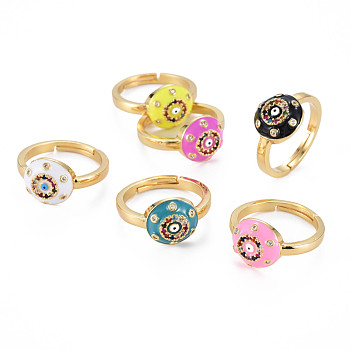 Adjustable Brass Micro Pave Colorful Cubic Zirconia Finger Rings, with Enamel, Nickel Free, Flat Round with Evil Eye, Real 16K Gold Plated, Mixed Color, US Size 6 3/4(17mm)