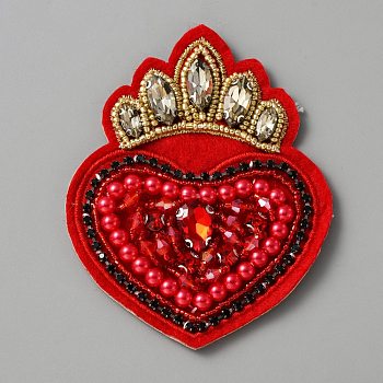 Heart Cloth Patches, Glass Beaded Appliques, Stick On Patch, with Rhinestone, Costume Accessories, Red, 89x70x6mm