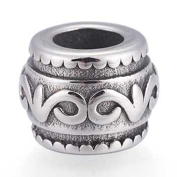 Retro 316 Surgical Steel European Beads, Large Hole Beads, Rondelle, Antique Silver, 12x9.5mm, Hole: 6mm
