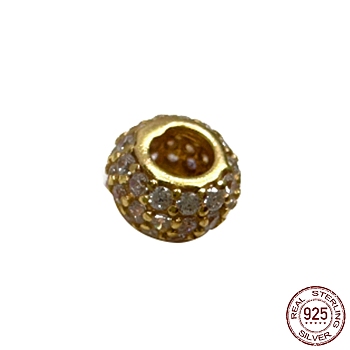 925 Sterling Silver Spacer Beads, with Cubic Zirconia, Rondelle, Real 18K Gold Plated, 6x3.5mm, Hole: 2.8mm