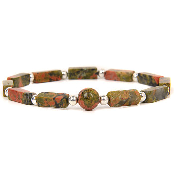 Natural Unakite Beads Stretch Bracelets for Men Women, Cuboid
