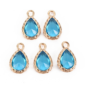 Glass Pendants, with Brass Findings, Faceted, Teardrop, Light Gold, Light Sky Blue, 15x9x4.5mm, Hole: 1.8~2mm