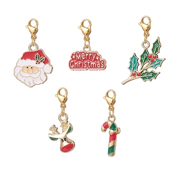 Christmas Alloy Enamel Pendant Decorations Sets, with 304 Stainless Steel Lobster Claw Clasps, Christmas Reindeer & Santa Claus & Holly Leaf & Candy Cane, Mixed Color, 25~37mm, 5pcs/set