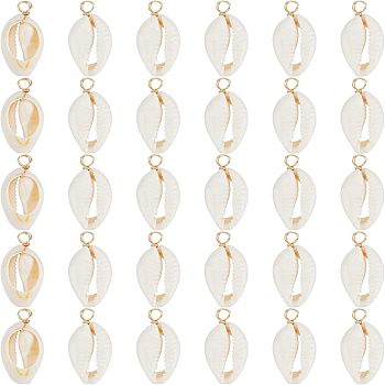 60Pcs Natural Cowrie Shell Pendants, with Eco-Friendly Copper Wire, Real 18K Gold Plated, 27~30x14~15x7~7.5mm, Hole: 4mm