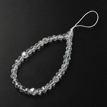 Rondelle Glass & Polymer Clay Rhinestone Beads Phone Hand Strap Chains, Mobile Accessories Decoration, Clear, 17cm