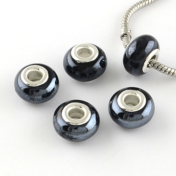 Rondelle Pearlized Handmade Porcelain European Beads, with Silver Color Plated Brass Cores, Large Hole Beads, Black, 14~16x9~10mm, Hole: 5mm