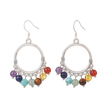 Natural & Synthetic Mixed Gemstone Chandelier Earrings, 7 Chakra 304 Stainless Steel Jewelry for Women, Stainless Steel Color, 60mm, Pin: 0.8mm