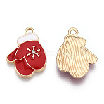 Christmas Theme, Alloy Enamel Pendants, with Crystal Rhinestone, Light Gold, Glove, Red, 21.5x16x3mm, Hole: 1.8mm(ENAM-S119-006)