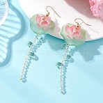 Lotus Flower Brass Dangle Earrings, with Glass Beads and Acrylic & Round Shell Pearl, Golden, 94x29.5mm(EJEW-TA00796)