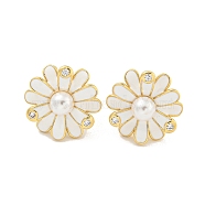 Rack Plating Brass Micro Pave Clear Cubic Zirconia Stud Earring, with Enamel, Cadmium Free & Lead Free, Long-Lasting Plated, Real 18K Gold Plated, Flower, White, 15x15mm(EJEW-C102-39G-01)