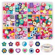 11 Styles Handmade Polymer Clay Beads, Taiji & Eye & Heart & Fruit Theme & Star & Flower with Smiling Beads , Mixed Color, 6x0.5mm, Hole: 1.8mm, Star: 1strand/style, others: 20pcs/style, 10 styles(CLAY-SZ0001-74)