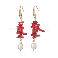 Dyed Chips Synthetic Coral Dangle Earrings, Natural Cowrie Shell Earring for Women, Golden, 68mm, Pin: 0.8mm(EJEW-TA00204)