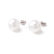 6 Pair Shell Pearl Round Ball Stud Earrings, 304 Stainless Steel Post Earrings for Women, White, Stainless Steel Color, 24x12mm, Pin: 1mm(EJEW-A067-18B-P)