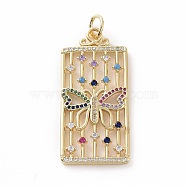 Brass Micro Pave Colorful Cubic Zirconia Pendants, Real 18K Gold Plated, with Jump Ring, Rectangle Charms, Butterfly, 40.5x19x2mm, Jump Ring: 7x1mm, Inner Diameter: 5mm(KK-E068-VF026)