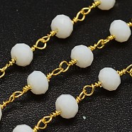 Faceted Rondelle Handmade Electroplate Glass Beaded Chains, Unwelded, with Spool, with Golden Plated Brass Findings, White, 6x4mm, about 32.8 Feet(10m)/roll(CHC-L029-01)