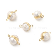 Natural Pearl Connector Charms, with Brass Double Loops, Round Links, Light Gold, 17~18x9~11x9~11mm, Hole: 1.6~1.8mm(PEAR-P004-60KCG)