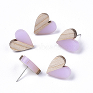 Transparent Resin & Wood Stud Earrings, with 304 Stainless Steel Pin, Heart, Plum, 15x14~15mm, Pin: 0.7mm(EJEW-N017-002A-D03)