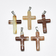 Natural Carnelian Pendants, with Stainless Steel Snap On Bails, Dyed & Heated, Cross, Stainless Steel Color, 44~46x28x8mm, Hole: 3~4x7~8.5mm(G-T122-18F)
