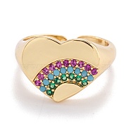 Brass Micro Pave Cubic Zirconia Cuff Rings, Open Rings, Long-Lasting Plated, Heart, Colorful, Golden, US Size 8, Inner Diameter: 18mm(RJEW-I077-28G)
