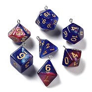 7Pcs 7 Styles Opaque Resin Polyhedral Dice Pendants Set, Multi-Sided Dice Charms with Platinum Plated Iron Loops, Mixed Shapes, Dark Blue, 20~28x19~24x17~24mm, Hole: 2mm, 1pc/style(RESI-A029-01U)