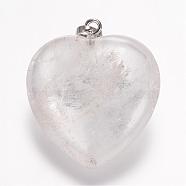 Natural Quartz Crystal Pendants, Rock Crystal, Heart, Platinum, 32.5~34x30x12mm, Hole: 5x8mm(G-E338-10C)