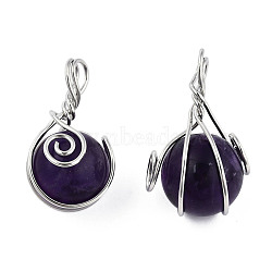 Natural Amethyst Pendants, with Platinum Plated Brass Wire Wrapped, Round Charm, 28.5~34x18.5~20x17~19mm, Hole: 4~5.5mm(G-N333-013A)