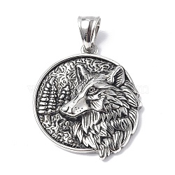 304 Stainless Steel Pendants, Flat Round with Wolf Charm, Antique Silver, 31x36x6.5mm, Hole: 9.5x5mm(STAS-C065-08AS)