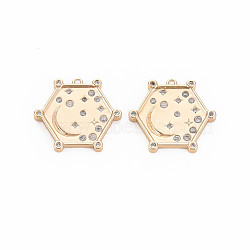 Brass Micro Pave Cubic Zirconia Pendants, Nickel Free, Real 18K Gold Plated, Hexagon with Moon & Star, Clear, 18x20x2.5mm, Hole: 1mm(KK-S364-271A)