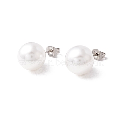 6 Pair Shell Pearl Round Ball Stud Earrings, 304 Stainless Steel Post Earrings for Women, White, Stainless Steel Color, 24x12mm, Pin: 1mm(EJEW-A067-18B-P)