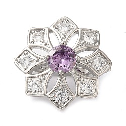 Brass Micro Pave Clear Cubic Zirconia Fold Over Clasps, Flower, Purple, Platinum, 20.5x8.5mm(KK-G505-08P)