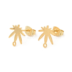 201 Stainless Steel Stud Earring Findings, with 304 Stainless Steel Pins and Horizontal Loops, Pot Leaf, Real 24K Gold Plated, 11.5x11mm, Hole: 1.2mm, Pin: 0.7mm(STAS-P317-01G)