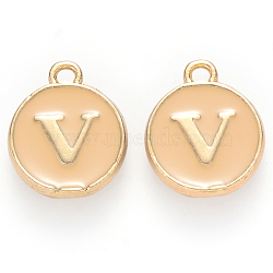 Golden Plated Alloy Enamel Charms, Cadmium Free & Lead Free, Enamelled Sequins, Flat Round with Letter, Wheat, Letter.V, 14x12x2mm, Hole: 1.5mm(ENAM-S118-06V)