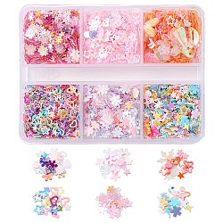 18G 6 Styles PVC Sequins, Sewing Craft Decorations, Luminous/Golden Sheen, Mixed Shapes, Heart/Star/Flower, Mixed Color, 1.5~16x2~12.5x0.1~1.5mm, Hole: 1~2mm, 3g/style (PVC-FS0001-03)