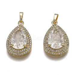 Golden Plated Brass Micro Pave Clear Cubic Zirconia Pendants, with Glass, Long-Lasting Plated, with Snap on Bails, Teardrop, Clear, 24.5x16x7.5mm, Hole: 3x5mm(ZIRC-F123-04A)