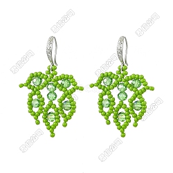 Handmade Glass Seed Beads Leaf Dangle Earrings, with Brass Earring Hooks, Platinum, Lime Green, 42x30.5mm(EJEW-FS00098)